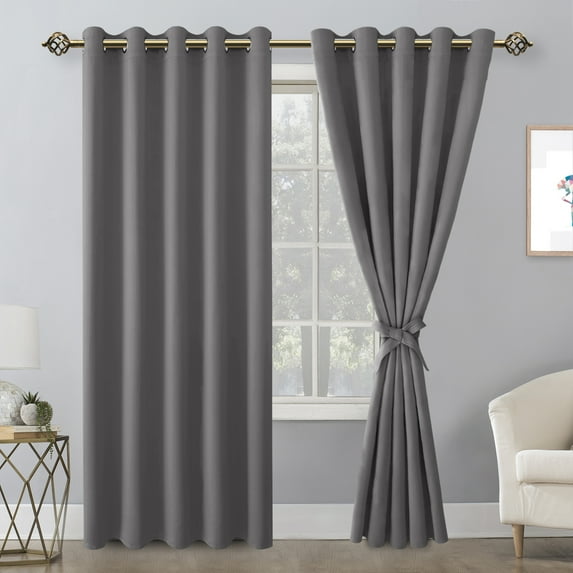 Hiasan Blackout Curtains for Bedroom, 60 x 84 Inches Long - Thermal Insulated & Light Blocking Window Curtains for Living Room, 2 Drape Panels Sewn with Tiebacks, Light Grey