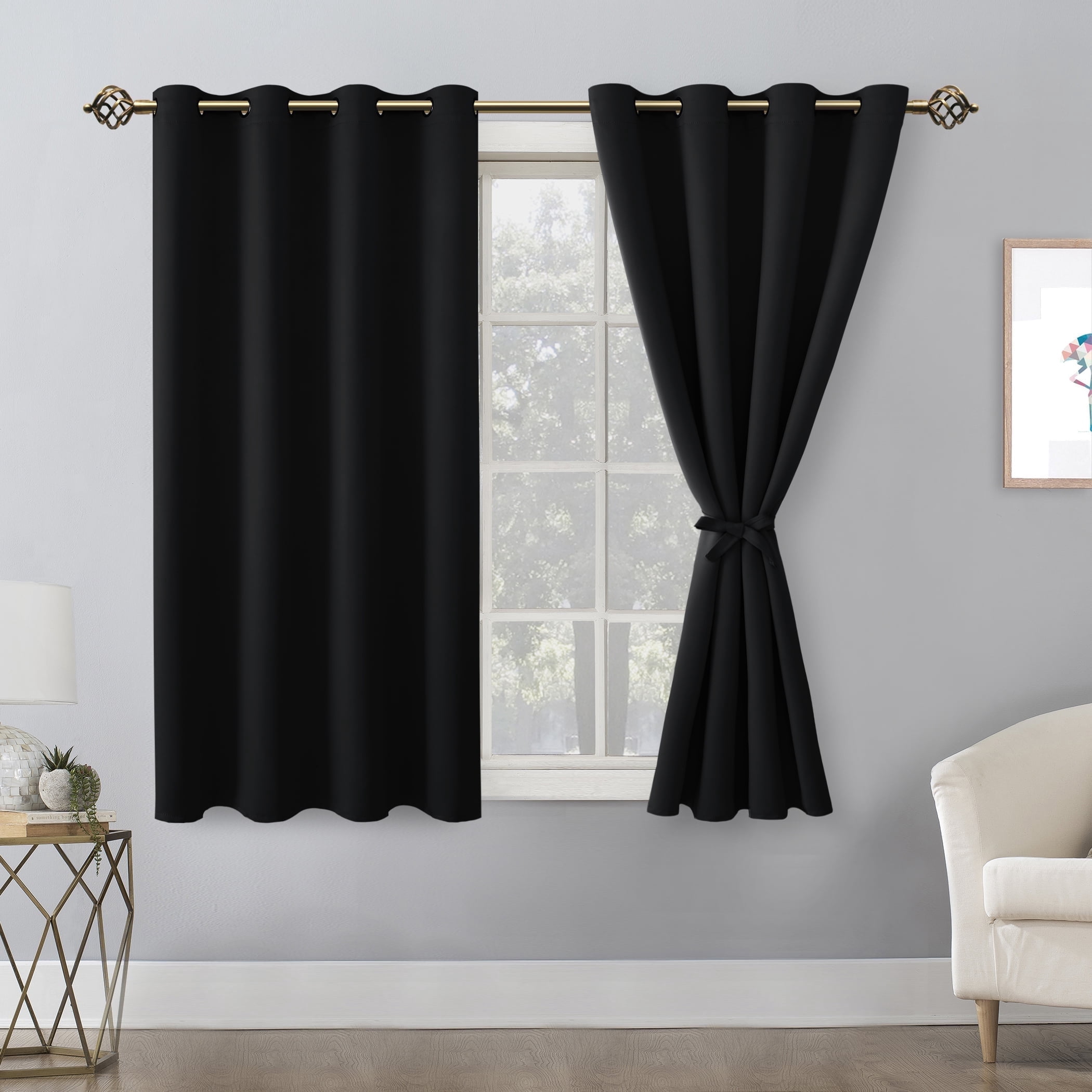 Hiasan Blackout Curtains for Bedroom Sewn with Tiebacks, Thermal Insulated Grommet Room Darkening Window Curtains for Living Room, Black, 52 x 45 Inches, 2 Panels