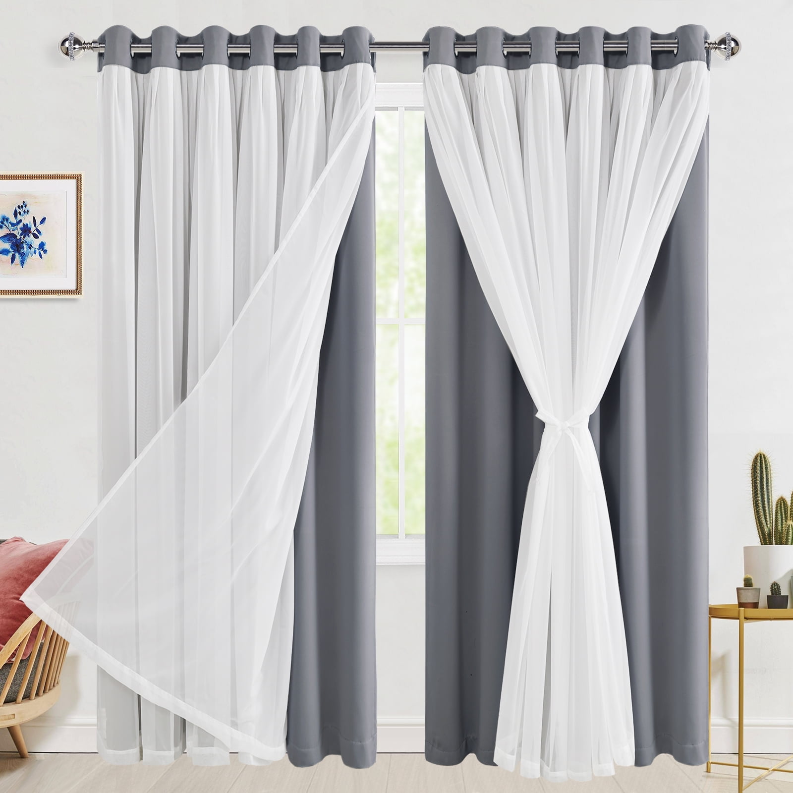 Hiasan Blackout Curtains with Sheer 84 Inches Long, Grommet Thermal Insulated Mix & Match Double Layer Window Curtains for Bedroom, Living Room, 2 Drape Panels with Tiebacks, Grey, 70W X 84L