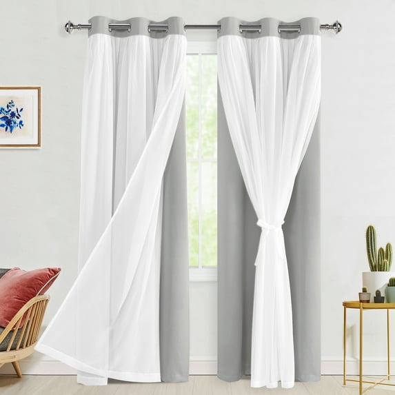 Hiasan Blackout Curtains with Sheer 84 Inches Long, Grommet Thermal Insulated Mix & Match Double Layer Window Curtains for Bedroom, Living Room, 2 Drape Panels with Tiebacks, Silver Grey, 38W X 84L