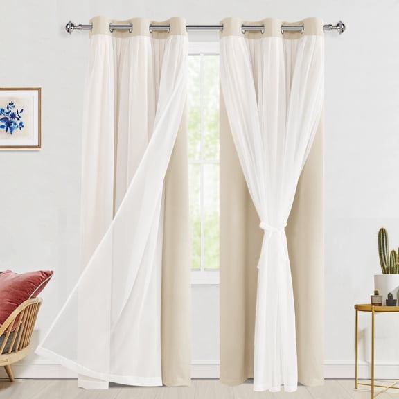 Hiasan Blackout Curtains with Sheer Overlay, Thermal Insulated Mix & Match Double Layer Room Darkening Curtains for Bedroom, Living Room, Nursery, 2 Window Panels Swen with Tiebacks, Beige, 38W X 84L