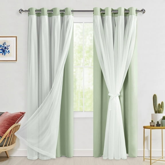 Hiasan Blackout Curtains with Sheer Overlay, Thermal Insulated Mix & Match Double Layer Room Darkening Curtains for Bedroom, Living Room, Nursery, 2 Window Panels with Tiebacks, Seafoam, 52W X 84L