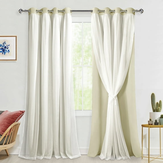 Hiasan Blackout Curtains with White Sheer Overlay, Double Layer Mix & Match Thermal Insulated Grommet Window Curtains for Bedroom, Living Room, 2 Drape Panels with Tiebacks, Light Beige, 52W X 96L
