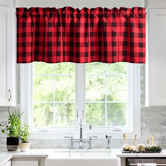 Hiasan Black and Red Buffalo Plaid Kitchen Valance Curtains, - Semi Sheer Rod Pocket Checkerd Cafe Valance for Farmhouse Window, 60" x 18", 1P