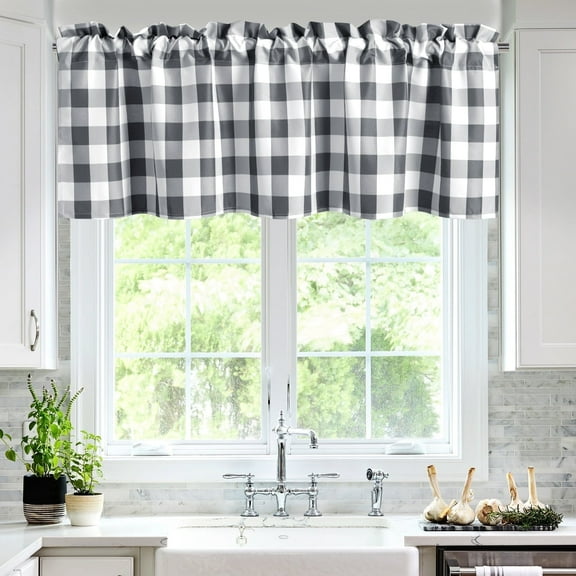 Hiasan Grey and White Buffalo Plaid Kitchen Valance Curtains, - Semi Sheer Rod Pocket Checkerd Cafe Valance for Farmhouse Window, 60" x 18", 1P