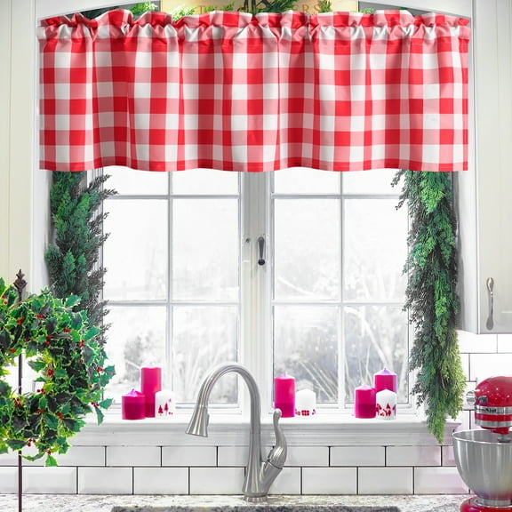 Hiasan Red and White Buffalo Plaid Kitchen Valance Curtains, - Semi Sheer Rod Pocket Checkerd Cafe Valance for Farmhouse Window, 42" x 18", 1P