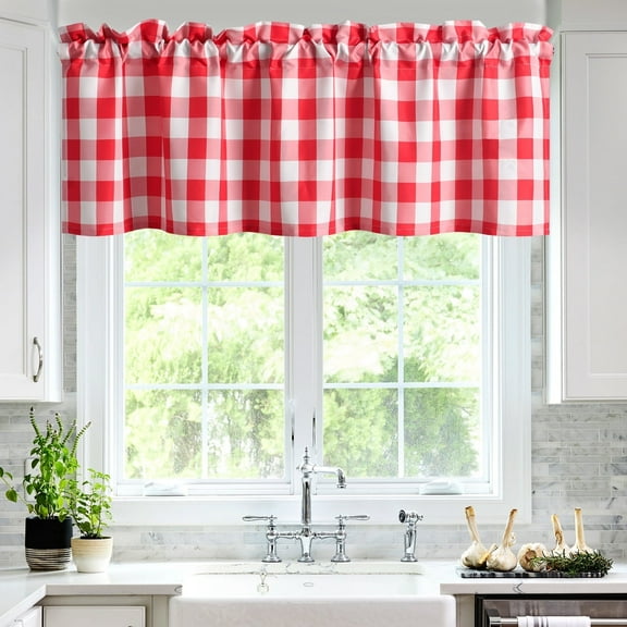 Hiasan Red and White Buffalo Plaid Kitchen Valance Curtains, - Semi Sheer Rod Pocket Checkerd Cafe Valance for Farmhouse Window, 52" x 18", 1P