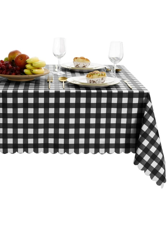 Hiasan Checkered Vinyl Tablecloth Rectangle - 54 x 80 Inch - 100% Waterproof & Stain Resistant Wipeable Plaid PVC Table Cover for Outdoor Picnic/Kitchen Dining/Farmhouse, Black and White