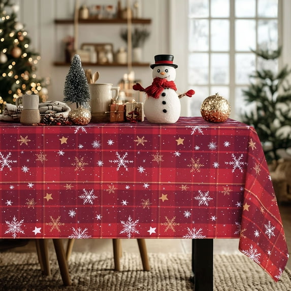 Hiasan Christmas Checkered Tablecloth - Red Buffalo Plaid Snowflake Square Table Cloths, Winter Farmhouse Table Decorations for Christmas Dinners, Holiday, Party, 54 x 54 Inch