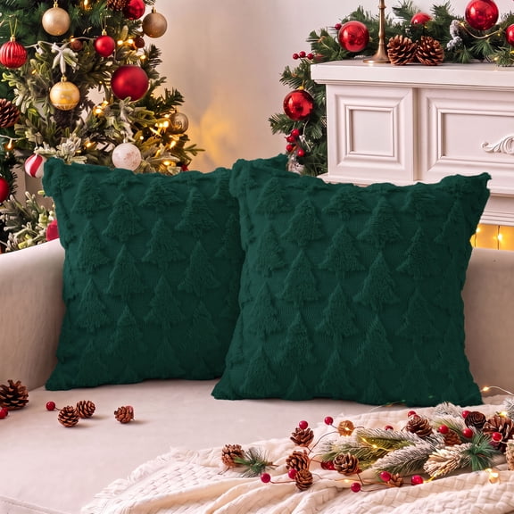Hiasan Christmas Pillow Covers Tree Decorations Soft Throw Pillows Indoor Sofa Couch Bed Room Decor Plush Faux Cushion Pillowcases Winter Holiday Cover Dark Green 18x18 Inch Set of 2