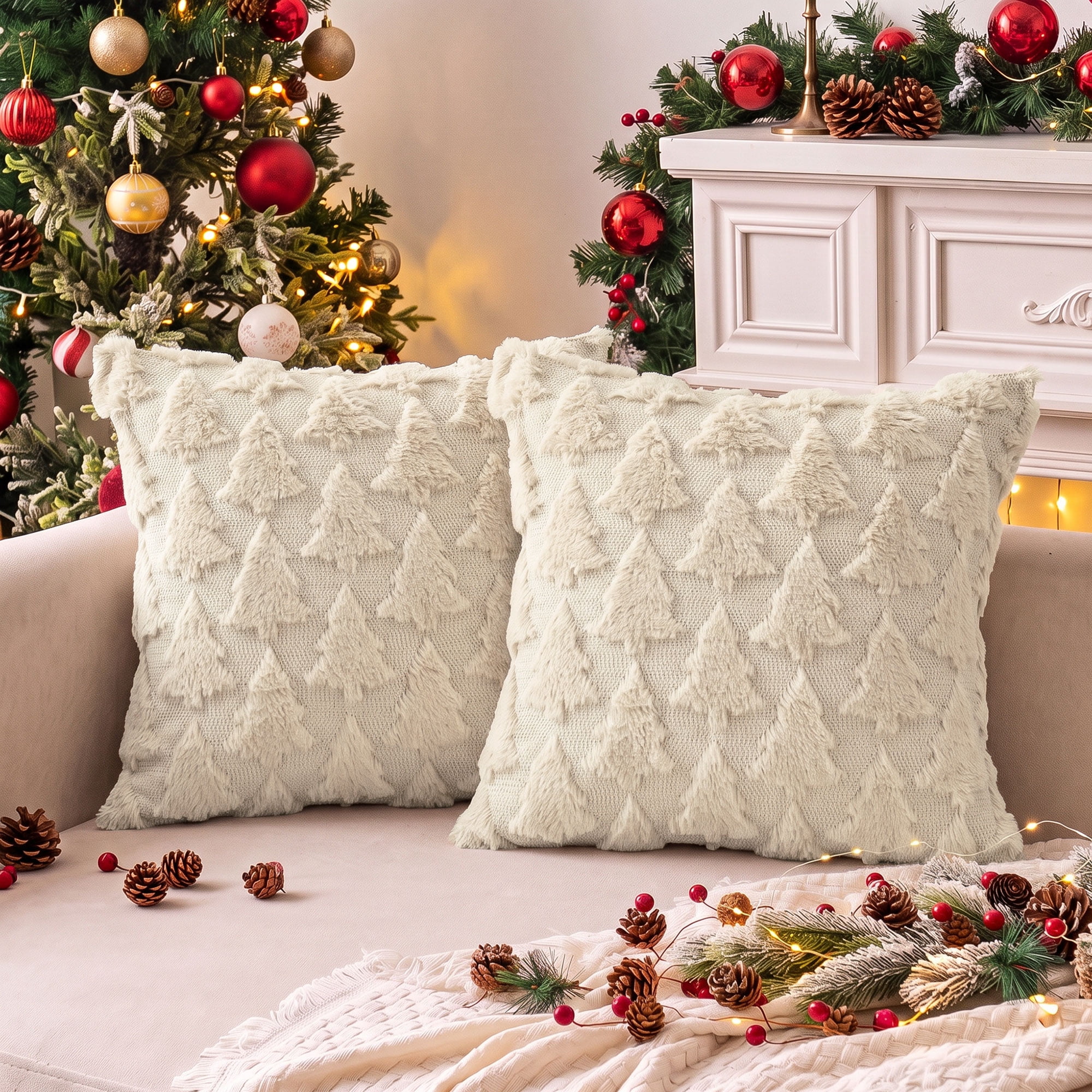 Hiasan Christmas Pillow Covers Tree Decorations Soft Throw Pillows Indoor Sofa Couch Bed Room Decor Plush Faux Cushion Pillowcases Winter Holiday Cover Cream 20x20 Inch Set of 2