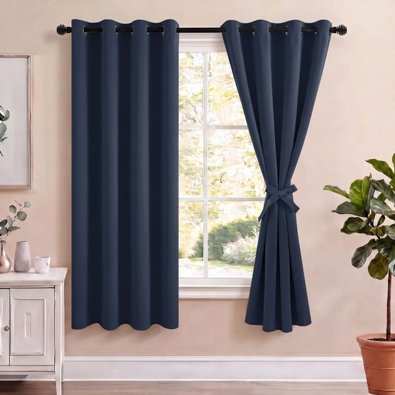 Hiasan 100% Blackout Curtains with Tiebacks, Room Darkening Privacy Grommet Top Window Curtains for Bedroom & Living Room, Dark Blue, 52"W x 63"L, Set of 2