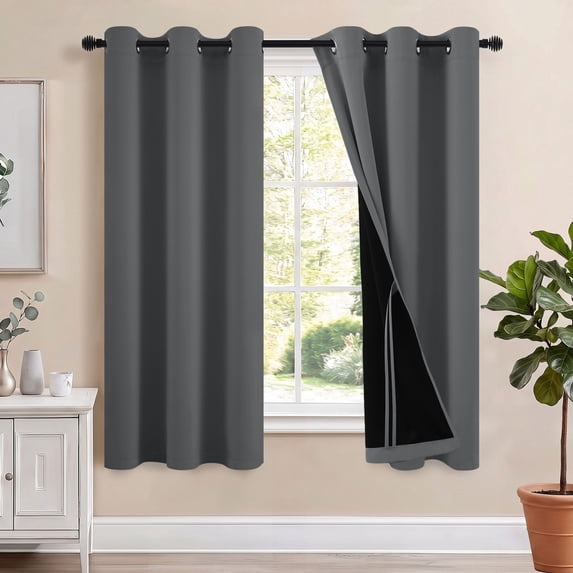 Hiasan 100% Blackout Curtains with Tiebacks, Room Darkening Privacy Grommet Top Window Curtains for Bedroom & Living Room, Dark Grey, 42"W x 63"L, Set of 2