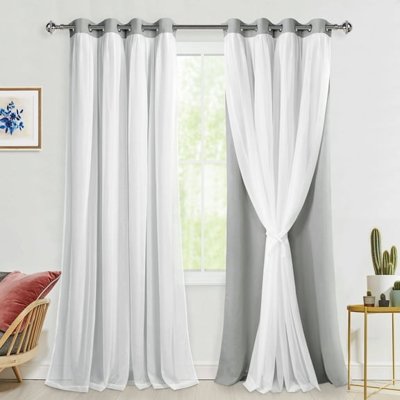 Hiasan Double Layer Blackout Curtains with Sheer Overlay, Mix & Match Thermal Insulated Sun Blocking Grommet Window Curtains for Bedroom, Living Room, 2 Panels with Tiebacks, Silver Grey, 52W X 108L
