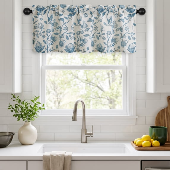 Hiasan Farmhouse Linen Valance Curtains for Kitchen, Floral Rustic Rod Pocket Valance for Living Room Bedroom, 42 x 18 Inch Window Valance, Blue on Protea Silhouette, 1 Panel