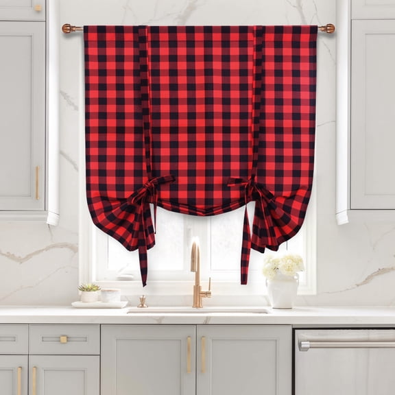 Hiasan Farmhouse Tie Up Balloon Shade - Buffalo Check Semi Sheer Light Filtering Tie Up Curtains for Small Windows, Adjustable Rod Pocket Privacy Drape, Black and Red, 42”W x 63”L, 1 Panel