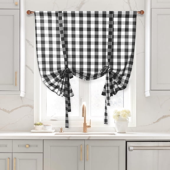 Hiasan Farmhouse Tie Up Balloon Shade - Buffalo Check Semi Sheer Light Filtering Tie Up Curtains for Small Windows, Adjustable Rod Pocket Privacy Drape, Black and White, 42”W x 63”L, 1 Panel