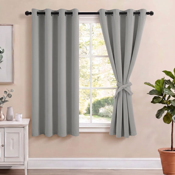 Hiasan 100% Blackout Curtains with Tiebacks, Room Darkening Privacy Grommet Top Window Curtains for Bedroom & Living Room, Grey, 52"W x 54"L, Set of 2