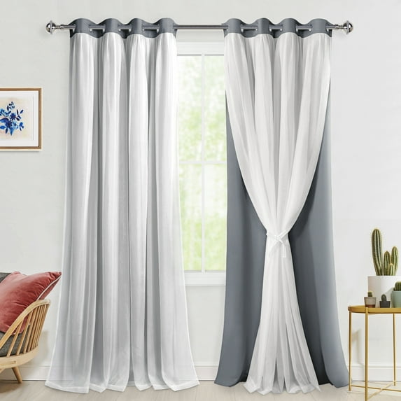 Hiasan Grey Blackout Curtains with Sheer Overlay, Double Layer Mix & Match Thermal Insulated Room Darkening Curtains for Bedroom, Living Room, 2 Window Curtain Panels with Tiebacks, 52W X 120L