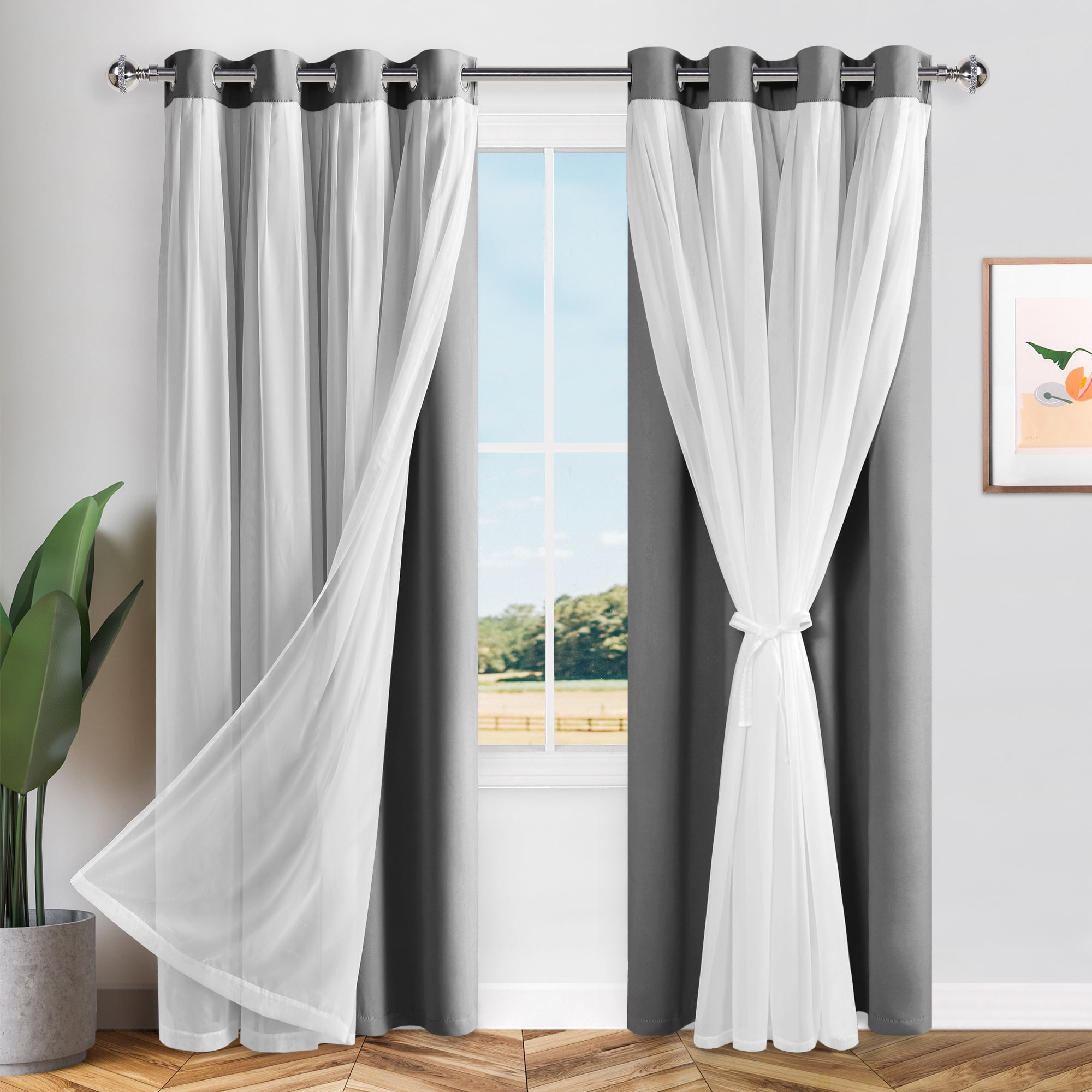 Hiasan Grey Blackout Curtains with Sheer Overlay, Grommet Thermal