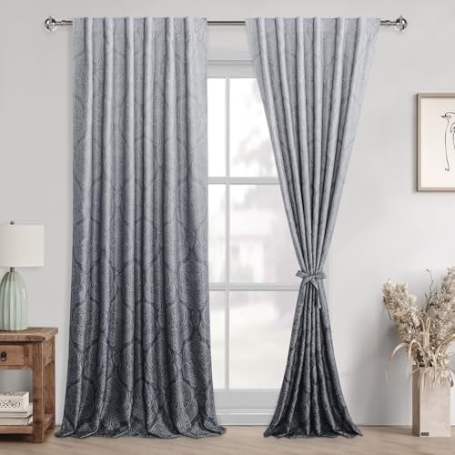 Hiasan Grey Ombre Blackout Curtains for Bedroom - Back Tab 96 inch Long Damask Design Thermal Insulted Tieable Window Drapes Light Blocking Curtains for Living Room, Hotel, 2 Panels, W52 x L96, Gray