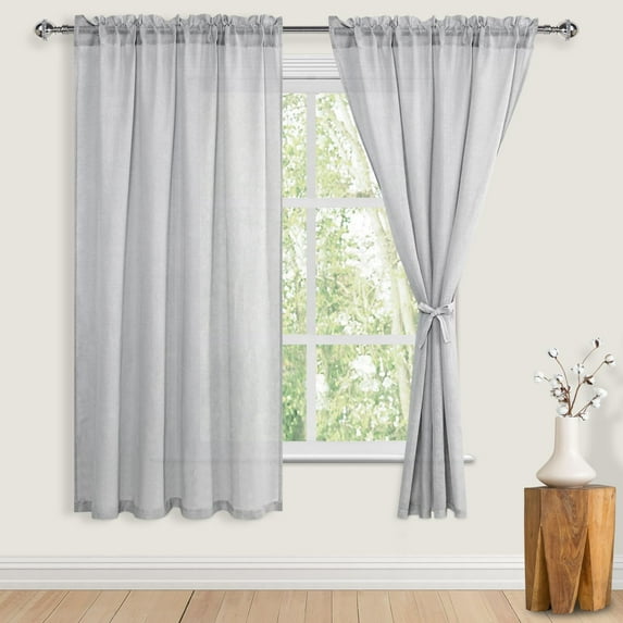 Hiasan Grey Rod Pocket Linen Sheer Curtains With Tiebacks, Textured Light Filtering Semi Transparent Sheer Drapes for Living Room, Bedroom, 52 x 63 inches Long, 2 Panels