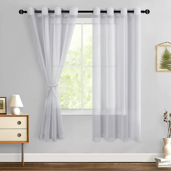 Hiasan Grey Sheer Curtains with Tiebacks, Light Filtering Contemporary Window Drapes for Living Room, Bedroom, Grommet, 52" x 63", Set of 2