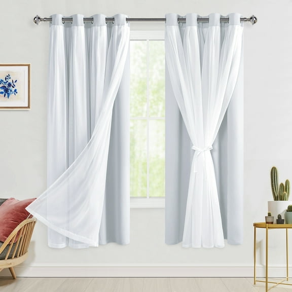 Hiasan Greyish White Blackout Curtains with Sheer Overlay, Grommet Thermal Insulated Mix & Match Double Layer Window Curtains for Girls Bedroom, Living Room, 2 Panels Swen with Tiebacks, 52W X 63L