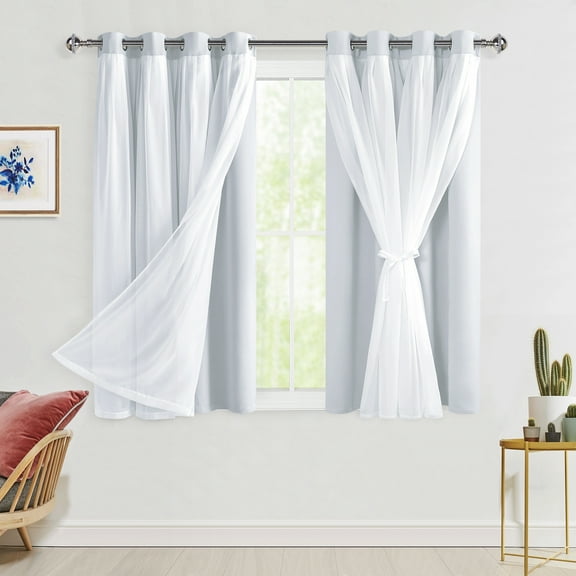 Hiasan Greyish White Blackout Curtains with Sheer Overlay, Grommet Thermal Insulated Mix & Match Double Layer Window Curtains for Girls Bedroom, Living Room, 2 Panels Swen with Tiebacks, 52W X 54L