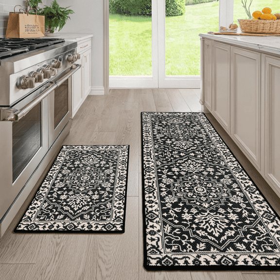 Hiasan Kitchen Mats for Floor 2PCs, Washable Anti Fatigue Mat for Cushioned, 17"x30"+17"x59", Water Absorbent Kitchen Rugs, Non Slip Rugs for Home, Sink, Laundry, Persian Medallion
