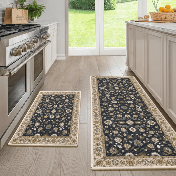 Hiasan Kitchen Mats Set of 2, 17"x30" + 17"x47", Non Slip Washable Anti Fatigue Kitchen Rugs, Quick Dry, Vintage Navy Medallion Pattern for Laundry Room RV Kitchen Hallway, Navy Medallion