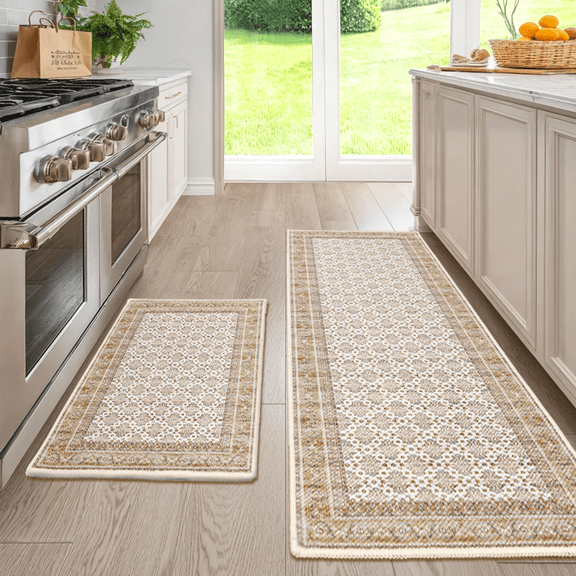 Hiasan Kitchen Rug Set 2 Piece, Non Slip Kitchen Floor Mats Machine Washable Mats for Home Floor and Living Room, 17"x30" + 17"x59", Beige Moroccan Trellis