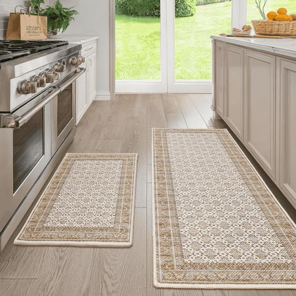 Hiasan Kitchen Rugs for Floor 2 Piece Set Anti Fatigue Cushioned PVC Kitchen Mats Non Slip Waterproof Farmhouse Mats Comfort Standing Mat for Sink, Laundry, 17"x30" 17"x47", Beige Moroccan Trellis