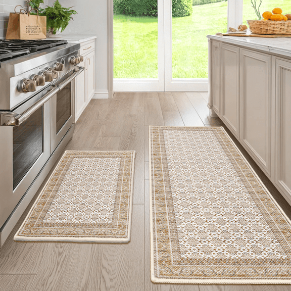 Hiasan Kitchen Rugs for Floor 2 Piece Set Anti Fatigue Cushioned PVC Kitchen Mats Non Slip Waterproof Farmhouse Mats Comfort Standing Mat for Sink, Laundry, 17"x30" 17"x47", Beige Moroccan Trellis