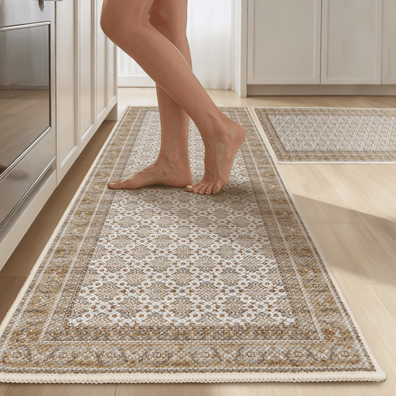 Hiasan Kitchen Rugs for Floor 2 Piece Set Anti Fatigue Cushioned PVC Kitchen Mats Non Slip Waterproof Farmhouse Mats Comfort Standing Mat for Sink, Laundry, 17"x30" 17"x47", Beige Moroccan Trellis