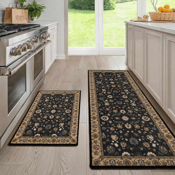 Hiasan Kitchen Rugs for Floor 2 Piece Set Anti Fatigue Cushioned PVC Kitchen Mats Non Slip Waterproof Farmhouse Mats Comfort Standing Mat for Sink, Laundry, 17"x30"+17"x59", Black Medallion