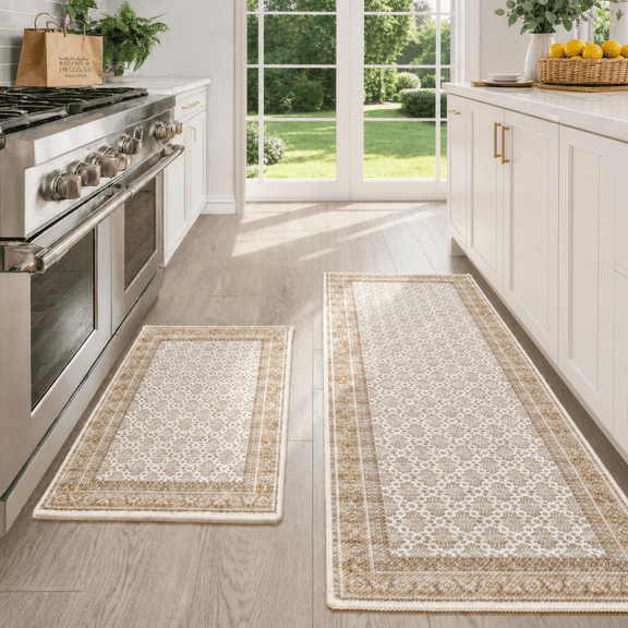 Hiasan Kitchen Rugs for Floor 2 Piece Set Anti Fatigue Cushioned Kitchen Mats, Non Slip and Water Absorbent Farmhouse Mats for Sink, Laundry, 17"x30" 17"x47", Beige Moroccan Trellis