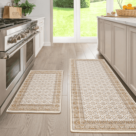Hiasan Kitchen Rugs for Floor 2 Piece Set Anti Fatigue Cushioned Kitchen Mats, Non Slip and Water Absorbent Farmhouse Mats for Sink, Laundry, 17"x30" 17"x47", Beige Moroccan Trellis