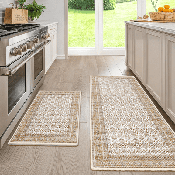 Hiasan Kitchen Rugs for Floor 2 Piece Set Anti Fatigue Cushioned PVC Kitchen Mats Non Slip Waterproof Farmhouse Mats Comfort Standing Mat for Sink, Laundry, 17"x30" 17"x47", Beige Moroccan Trellis