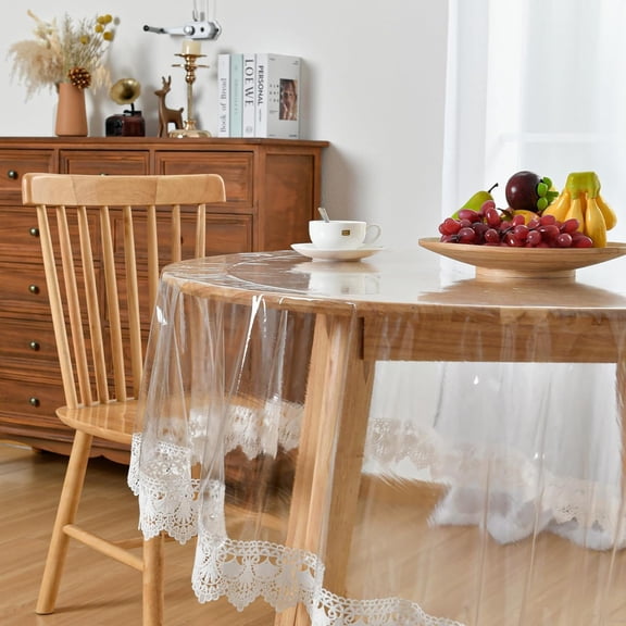 Hiasan Lace Clear Round PVC Tablecloth,100% Waterproof Stain-resistant, Transparent Vinyl Table Cover for Dining, Picnic, Outdoor, Wood Furniture Protection, 70R