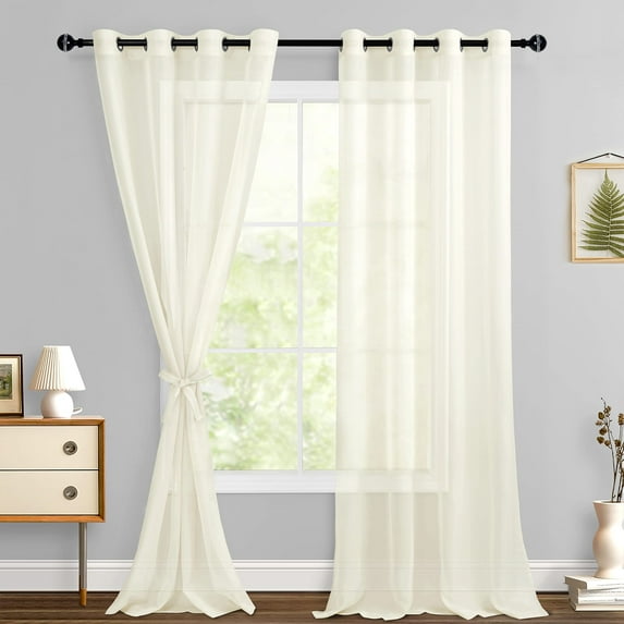 Hiasan Ivory Sheer Curtains with Tiebacks-Light Filtering Contemporary Window Drapes for Living Room, Bedroom, Grommet, 52" x 90", Set of 2