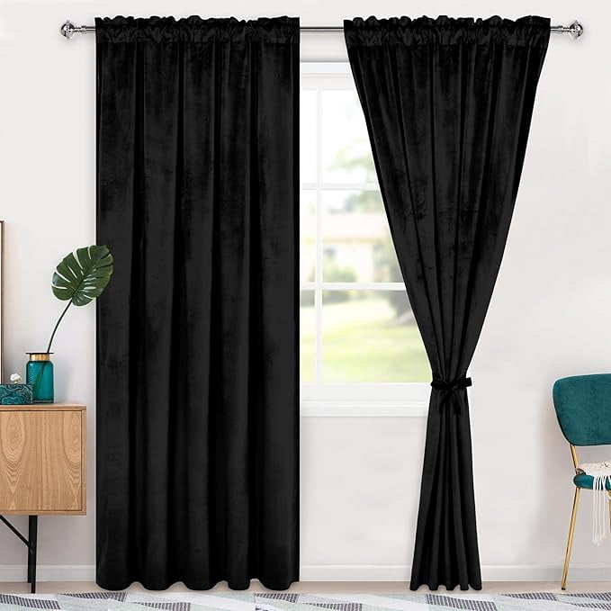 Hiasan Luxury Black Velvet Curtain with Tiebacks-Blackout Curtains for Bedroom/Living Room, Rod Pocket, 60" x 84", Set of 2