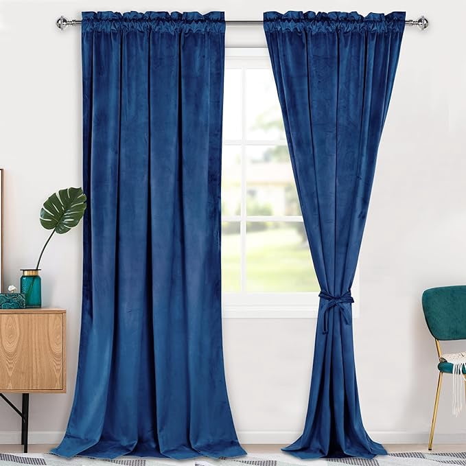 Hiasan Luxury Blue Velvet Curtain with Tiebacks-Blackout Curtains for Bedroom/Living Room, Rod Pocket, 52" x 96", Set of 2