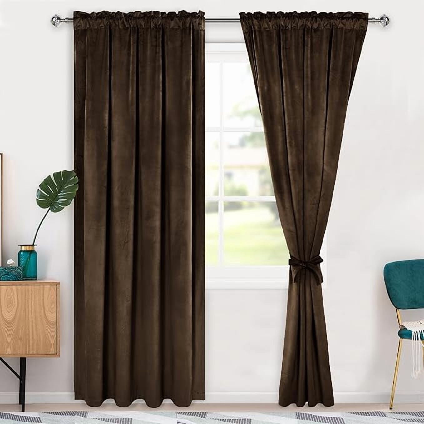 Hiasan Luxury Brown Velvet Curtain with Tiebacks-Blackout Curtains for Bedroom/Living Room, Rod Pocket, 52" x 84", Set of 2