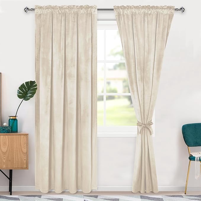 Hiasan Luxury Cream Velvet Curtain with Tiebacks-Blackout Curtains for Bedroom/Living Room, Rod Pocket, 52" x 84", Set of 2