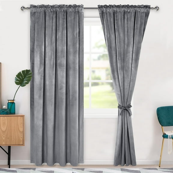 Hiasan Luxury Gray Velvet Curtain with Tiebacks-Blackout Curtains for Bedroom/Living Room, Rod Pocket, 52" x 84", Set of 2