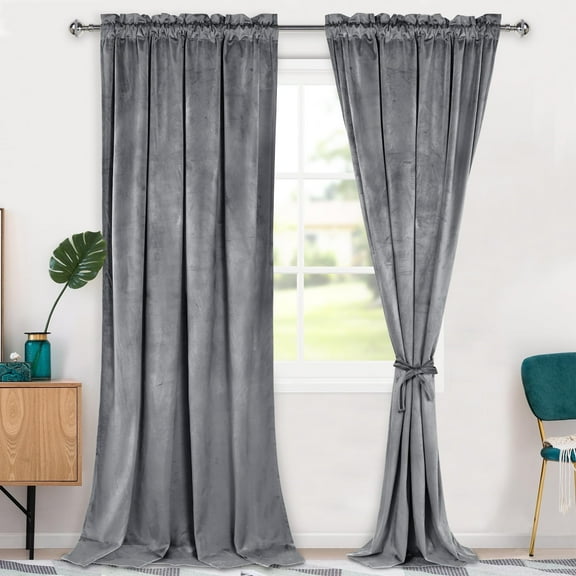 Hiasan Luxury Gray Velvet Curtain with Tiebacks-Blackout Curtains for Bedroom/Living Room, Rod Pocket, 52" x 96", Set of 2
