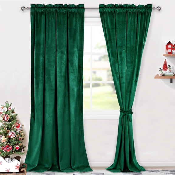 Hiasan 108" Velvet Curtain with Tiebacks-Christmas Blackout Curtains for Bedroom/Living Room, Rod Pocket, Green, 52" x 108", Set of 2