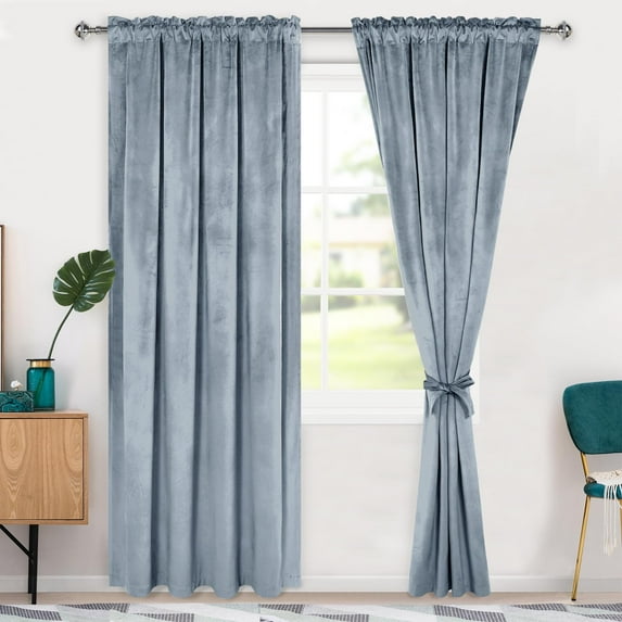 Hiasan Luxury Velvet Curtain with Tiebacks-Blackout Curtains for Bedroom/Living Room, Rod Pocket, Stone Blue, 52" x 84", Set of 2