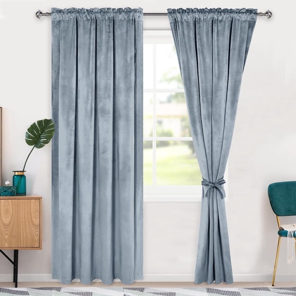 Hiasan Luxury Velvet Curtain with Tiebacks-90"Blackout Curtains for Bedroom/Living Room, Rod Pocket, Stone Blue, 52" x 90", Set of 2